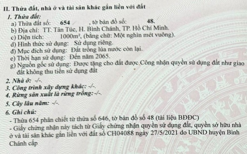 Bán thửa đất 1.000m2 đất lúa, hiện trạng chưa xây dựng (qui hoạch mới ONT), thị trấn Tân Túc, Bình 